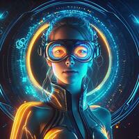 futuristico donna nel virtuale la realtà bicchieri su il sfondo di un' neon città. ciberpunk, retroonda, onda sintetica, alto definizione, arte, generativo artificiale intelligenza. foto