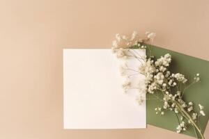 superiore Visualizza di lusso brillante beige nozze carta, scatola modello su cavolo sfondo. generativo ai illustrazione. foto