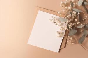 superiore Visualizza di lusso brillante beige nozze carta, scatola modello su cavolo sfondo. generativo ai illustrazione. foto