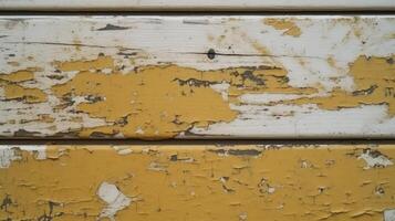 superiore Visualizza di giallo arrugginito dipingere legna struttura sfondo, generativo ai. foto