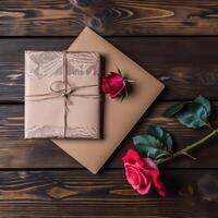 piatto posare tema di rustico stile confezionato i regali con bellissimo Rose su di legno tavolo. generativo ai. foto
