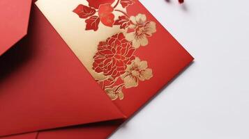 superiore Visualizza di piatto posare lusso invito carta nel rosso e d'oro colore per nozze o primavera concetto. generativo ai. foto