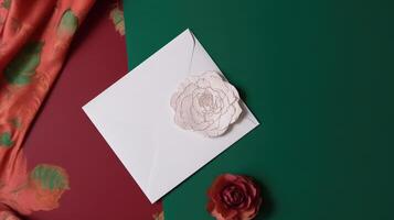 superiore Visualizza di piatto posare invito carta con bellissimo rosa fiore su verde e rosso seta sfondo e copia spazio per nozze o primavera concetto. generativo ai. foto