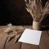 vuoto bianca invito carta modello con secco pampa erba pentola decorazioni su di legno tavolo. generativo ai. foto