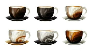 3d illustrazione di caffè tazza assortimento con diverso Stampa collezione. foto