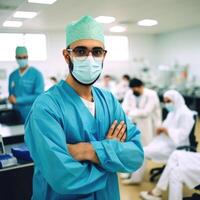 ritratto di maschio chirurgo medico indossare maschera e il suo medico squadra nel corridoio di Ospedale. generativo ai. foto