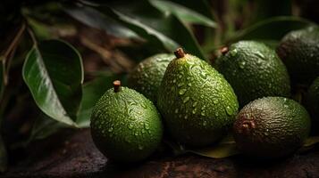 un' travolgente fotografia evidenziazione unico sfondo di avocado frutta con acqua goccioline. creato di generativo ai tecnologia. foto