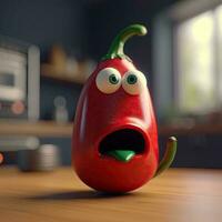 pixar stile Aperto bocca rosso chili 3d personaggio a brillante cucina camera. generativo ai. foto