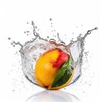 succoso fresco Mango spruzzi in acqua contro bianca sfondo, generativo ai tecnologia. foto