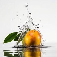 succoso fresco Mango spruzzi in acqua contro bianca sfondo, generativo ai tecnologia. foto