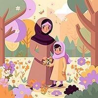 illustrazione di carino Arabo ragazza nel hijab dando mazzo per sua madre, floreale natura sfondo. concetto di La madre di giorno. creato di generativo ai tecnologia. foto