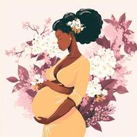 ritratto di africano incinta donna toccante sua gonfiarsi, floreale decorato su sfondo. concetto di gravidanza, genitorialità, madri giorno. creato di generativo ai tecnologia. foto