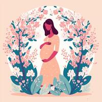 ritratto di incinta donna toccante sua gonfiarsi, floreale decorato su sfondo. concetto di gravidanza, genitorialità, madri giorno. creato di generativo ai tecnologia. foto