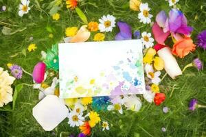 superiore Visualizza di acquerello schizzare carta modello su vario fiori e verde erba prato sfondo, generativo ai. foto