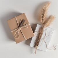 superiore Visualizza di rustico confezionato regalo scatola, tela ruvida filo e secco grano erba su bianca sfondo. generativo ai. foto