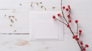 bianca saluto carta modello e rosso bacca ramo su di legno tavolo superiore. generativo ai. foto
