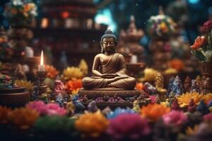 un' Budda si siede nel un' giardino con un' loto e candele. sfondo per Vesak Festival celebrazione. Vesak giorno concetto. Vesak celebrazione giorno saluti di ai generato foto