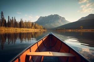 canoa galleggiante su un' sereno montagna lago circondato di alto pino alberi su un' tranquillo, calmo mattina. ai generato foto