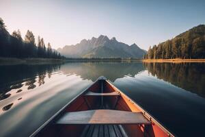 canoa galleggiante su un' sereno montagna lago circondato di alto pino alberi su un' tranquillo, calmo mattina. ai generato foto