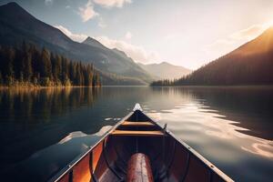 canoa galleggiante su un' sereno montagna lago circondato di alto pino alberi su un' tranquillo, calmo mattina. ai generato foto