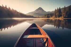 canoa galleggiante su un' sereno montagna lago circondato di alto pino alberi su un' tranquillo, calmo mattina. ai generato foto