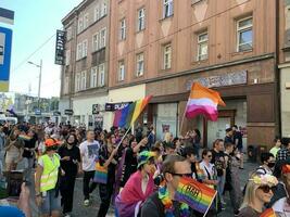 Katowice, Polonia. 11 settembre 2021. orgoglio parata LGBTQ su strade di città foto