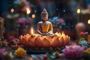 un' Budda si siede nel un' giardino con un' loto e candele. sfondo per Vesak Festival celebrazione. Vesak giorno concetto. Vesak celebrazione giorno saluti di ai generato foto