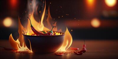 illustrazione di ciotola di chili con chili peperoni, fiamme e fuoco ai generato foto