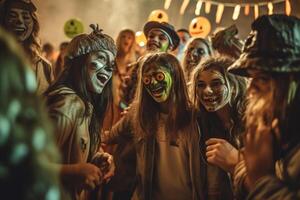 adolescenti amici nel costumi festeggiare e avendo divertimento a Halloween festa. giovane persone a costumi festa Halloween celebrazione concetto di ai generato foto