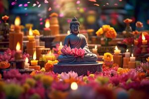 un' Budda si siede nel un' giardino con un' loto e candele. sfondo per Vesak Festival celebrazione. Vesak giorno concetto. Vesak celebrazione giorno saluti di ai generato foto