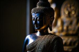 un' tailandese Budda statua si siede e Meditare a buddista tempio. antico Tailandia Budda viso. sfondo per Vesak Festival celebrazione. Vesak giorno concetto. Vesak celebrazione giorno saluti di ai generato foto