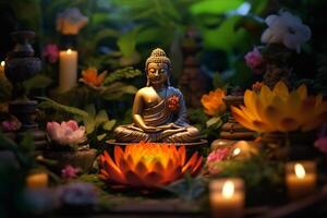 un' Budda si siede nel un' giardino con un' loto e candele. sfondo per Vesak Festival celebrazione. Vesak giorno concetto. Vesak celebrazione giorno saluti di ai generato foto