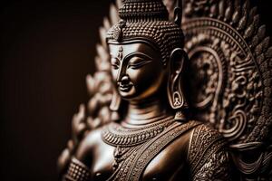 un' tailandese Budda statua si siede e Meditare a buddista tempio. antico Tailandia Budda viso. sfondo per Vesak Festival celebrazione. Vesak giorno concetto. Vesak celebrazione giorno saluti di ai generato foto