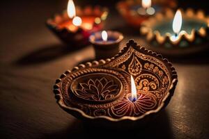 contento Diwali o Deepavali tradizionale indiano Festival con argilla diya olio lampada. indiano indù Festival di leggero simbolo con candela e luce. argilla diya lampada illuminato durante Diwali celebrazione di ai generato foto