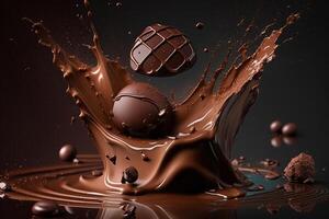 un' delizioso fusione cioccolato spruzzo nel un' realistico stile. caldo cioccolato, cacao o caffè spruzzata. gustoso cioccolato liquido spruzzata. cioccolato salsa corona spruzzata. per cioccolato giorno dolce di ai generato foto