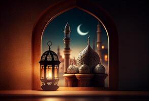 un' finestre raffigura un islamico moschea a notte con Luna e quaresimale. nel stile di islamico città. arcuato porte. eid al Fitr sfondo di finestra. Ramadan islamico lanterna su un' tavolo di ai generato foto