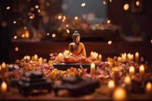 un' Budda si siede nel un' giardino con un' loto e candele. sfondo per Vesak Festival celebrazione. Vesak giorno concetto. Vesak celebrazione giorno saluti di ai generato foto