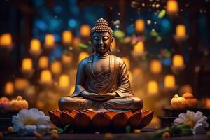 un' Budda si siede nel un' giardino con un' loto e candele. sfondo per Vesak Festival celebrazione. Vesak giorno concetto. Vesak celebrazione giorno saluti di ai generato foto