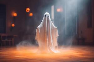 umano nel spaventoso fantasmi costume volante dentro il vecchio Casa o foresta a notte. spaventoso Halloween sfondo con fantasma. fantasma su Halloween celebrazione concetto di ai generato foto