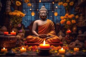 un' Budda si siede nel un' giardino con un' loto e candele. sfondo per Vesak Festival celebrazione. Vesak giorno concetto. Vesak celebrazione giorno saluti di ai generato foto