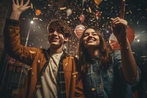 adolescenti amici nel costumi festeggiare e avendo divertimento a Halloween festa. giovane persone a costumi festa Halloween celebrazione concetto di ai generato foto