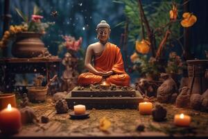 un' Budda si siede nel un' giardino con un' loto e candele. sfondo per Vesak Festival celebrazione. Vesak giorno concetto. Vesak celebrazione giorno saluti di ai generato foto