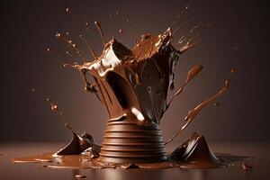 un' delizioso fusione cioccolato spruzzo nel un' realistico stile. caldo cioccolato, cacao o caffè spruzzata. gustoso cioccolato liquido spruzzata. cioccolato salsa corona spruzzata. per cioccolato giorno dolce di ai generato foto