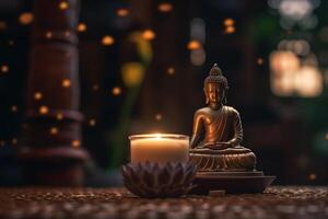 un' Budda si siede nel un' giardino con un' loto e candele. sfondo per Vesak Festival celebrazione. Vesak giorno concetto. Vesak celebrazione giorno saluti di ai generato foto