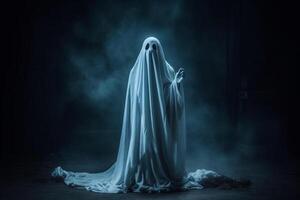 umano nel spaventoso fantasmi costume volante dentro il vecchio Casa o foresta a notte. spaventoso Halloween sfondo con fantasma. fantasma su Halloween celebrazione concetto di ai generato foto