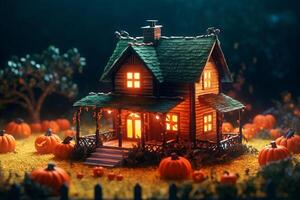 frequentato Casa su Halloween celebrazione concetto. spaventoso Casa Halloween sfondo con abbandonato edificio e zucca. pauroso Casa con raccapricciante edificio a notte di ai generato foto