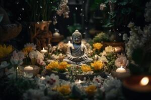 un' Budda si siede nel un' giardino con un' loto e candele. sfondo per Vesak Festival celebrazione. Vesak giorno concetto. Vesak celebrazione giorno saluti di ai generato foto