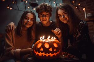 adolescenti amici nel costumi festeggiare e avendo divertimento a Halloween festa. giovane persone a costumi festa Halloween celebrazione concetto di ai generato foto