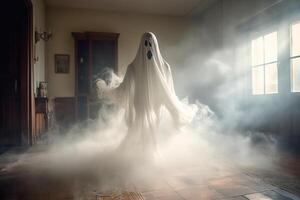 umano nel spaventoso fantasmi costume volante dentro il vecchio Casa o foresta a notte. spaventoso Halloween sfondo con fantasma. fantasma su Halloween celebrazione concetto di ai generato foto