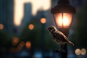 urbano natura maestoso uccello su un' città lampada inviare a crepuscolo ai generato foto